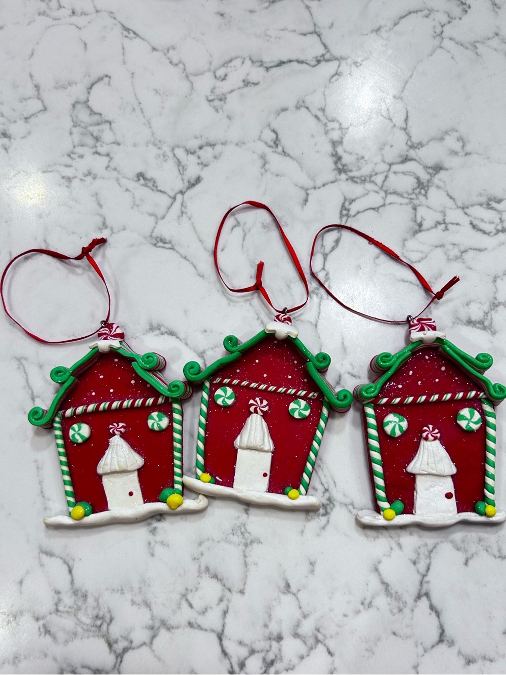 Set of 3 Clay Christmas Peppermint House Ornaments